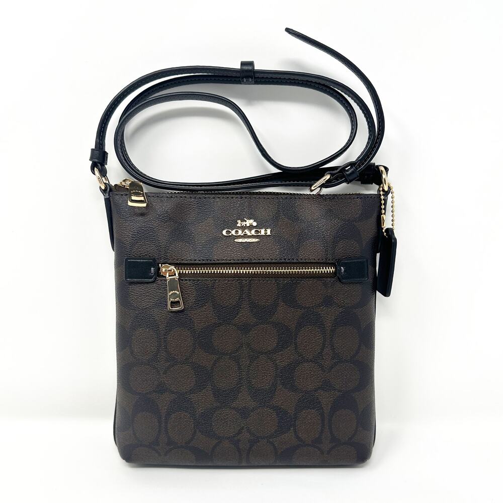 Coach Mini Rowan File Bag Crossbody Purse In Signature Canvas Brown Black CF340